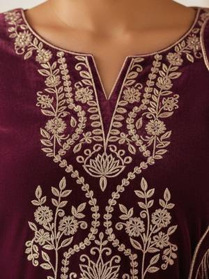 Women Embroidered Regular Velvet Kurta with Trousers & With Dupatta 5