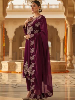 Women Embroidered Regular Velvet Kurta with Trousers & With Dupatta 6