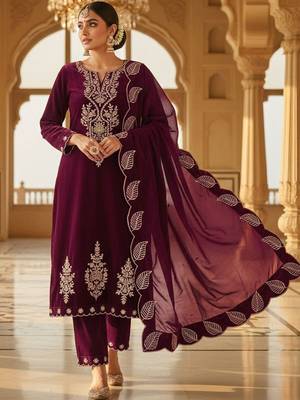 Women Embroidered Regular Velvet Kurta with Trousers & With Dupatta 7