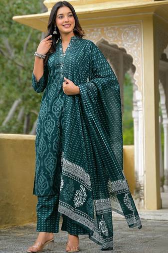 Women Printed Regular Mirror Work Kurta with Palazzos & With Dupatta