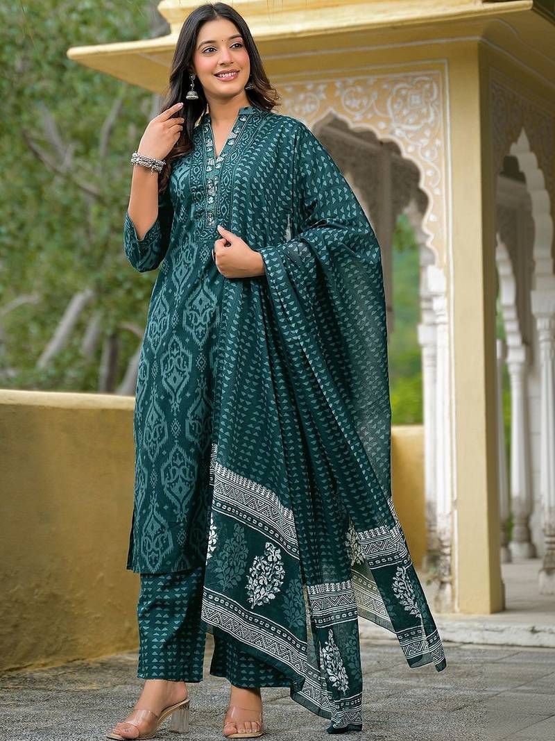 Women Printed Regular Mirror Work Kurta with Palazzos & With Dupatta