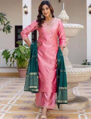 Geometric Woven Design V-Neck Thread Work Straight Kurta With Palazzo And Dupatta 1