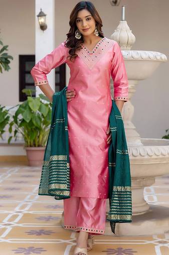 Geometric Woven Design V-Neck Thread Work Straight Kurta With Palazzo And Dupatta