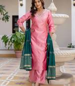 Geometric Woven Design V-Neck Thread Work Straight Kurta With Palazzo And Dupatta