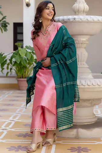 Geometric Woven Design V-Neck Thread Work Straight Kurta With Palazzo And Dupatta