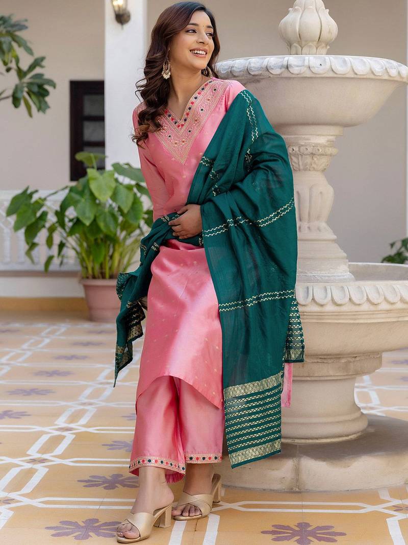 Geometric Woven Design V-Neck Thread Work Straight Kurta With Palazzo And Dupatta