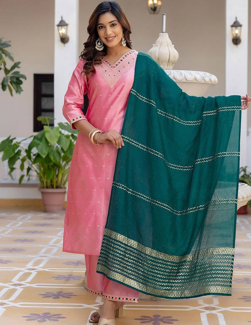 Geometric Woven Design V-Neck Thread Work Straight Kurta With Palazzo And Dupatta