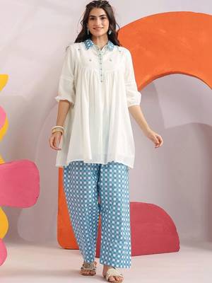 Embroidered White Cotton Blend Farsi Salwar Co Ords for Women 1