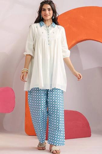 Embroidered White Cotton Blend Farsi Salwar Co Ords for Women