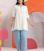 Embroidered White Cotton Blend Farsi Salwar Co Ords for Women