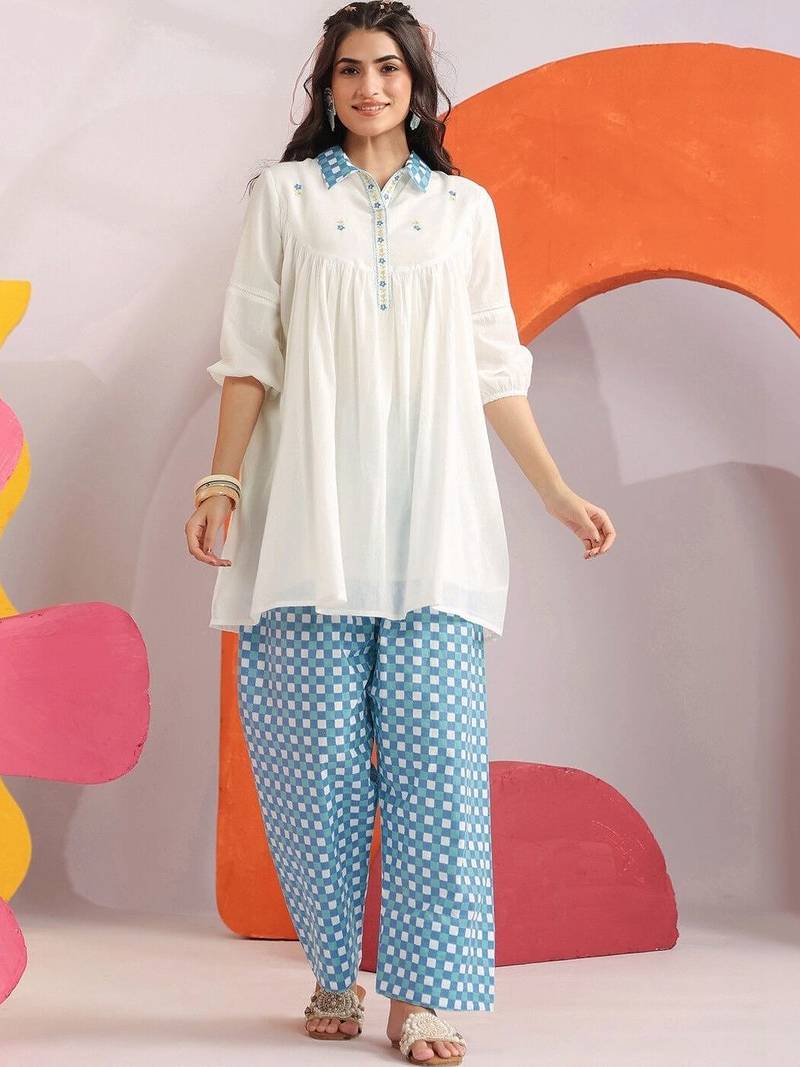 Embroidered White Cotton Blend Farsi Salwar Co Ords for Women