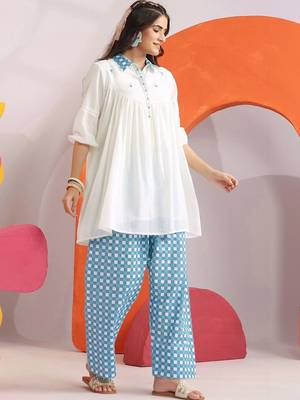 Embroidered White Cotton Blend Farsi Salwar Co Ords for Women 3