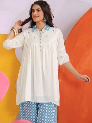 Embroidered White Cotton Blend Farsi Salwar Co Ords for Women 5