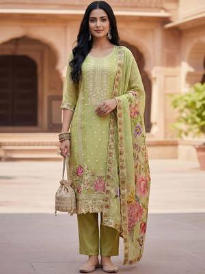 Women Green Organza Embroidered Straight Kurta Trousers with Dupatta 1