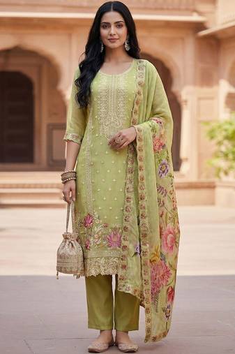 Women Green Organza Embroidered Straight Kurta Trousers with Dupatta