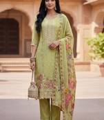 Women Green Organza Embroidered Straight Kurta Trousers with Dupatta