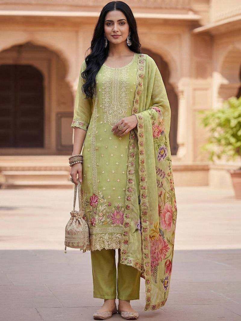 Women Green Organza Embroidered Straight Kurta Trousers with Dupatta