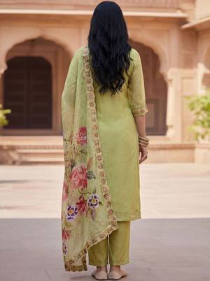 Women Green Organza Embroidered Straight Kurta Trousers with Dupatta 3