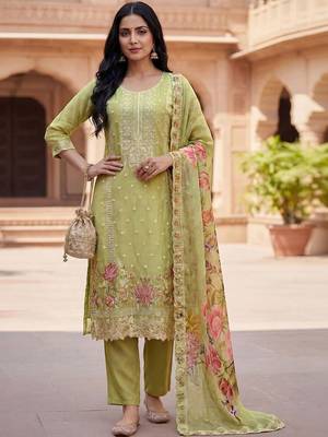 Women Green Organza Embroidered Straight Kurta Trousers with Dupatta 5