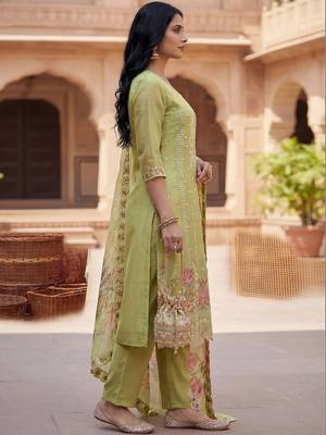 Women Green Organza Embroidered Straight Kurta Trousers with Dupatta 6