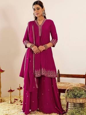Women Ethnic Motifs Embroidered Empire Thread Work Kurta with Sharara & With Dupatta 1