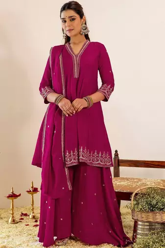 Women Ethnic Motifs Embroidered Empire Thread Work Kurta with Sharara & With Dupatta