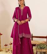 Women Ethnic Motifs Embroidered Empire Thread Work Kurta with Sharara & With Dupatta