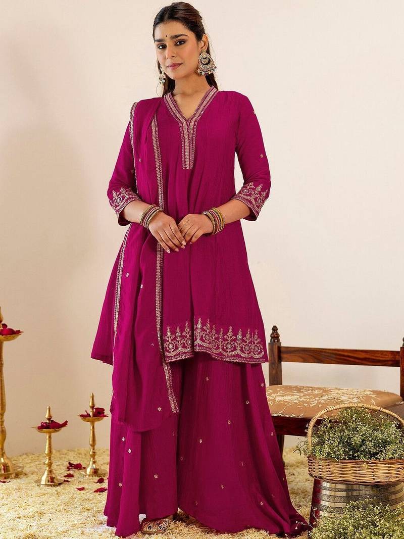 Women Ethnic Motifs Embroidered Empire Thread Work Kurta with Sharara & With Dupatta