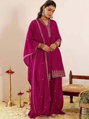 Women Ethnic Motifs Embroidered Empire Thread Work Kurta with Sharara & With Dupatta 3