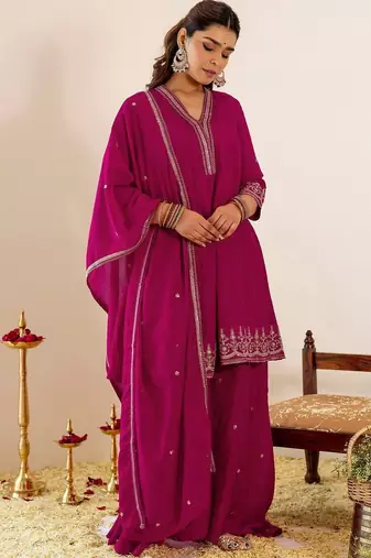 Women Ethnic Motifs Embroidered Empire Thread Work Kurta with Sharara & With Dupatta
