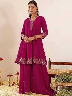 Women Ethnic Motifs Embroidered Empire Thread Work Kurta with Sharara & With Dupatta 5