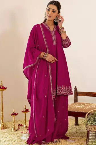 Women Ethnic Motifs Embroidered Empire Thread Work Kurta with Sharara & With Dupatta