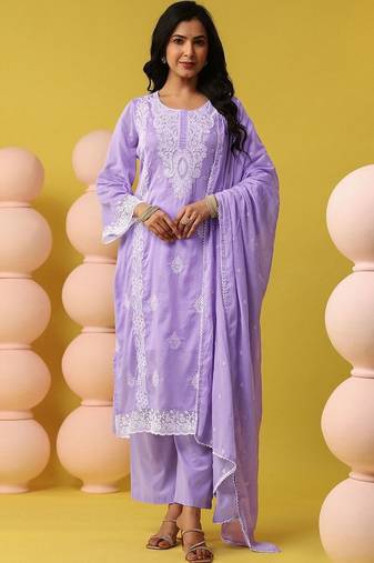 Women Ethnic Motifs Embroidered Regular Chikankari Pure Cotton Kurta with Palazzos & With Dupatta