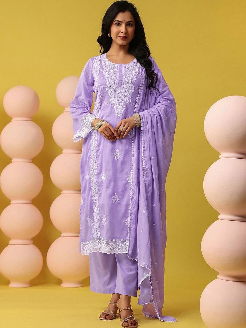 Women Ethnic Motifs Embroidered Regular Chikankari Pure Cotton Kurta with Palazzos & With Dupatta