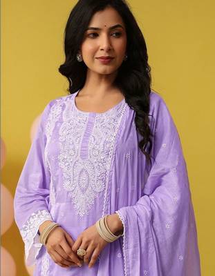 Women Ethnic Motifs Embroidered Regular Chikankari Pure Cotton Kurta with Palazzos & With Dupatta 2