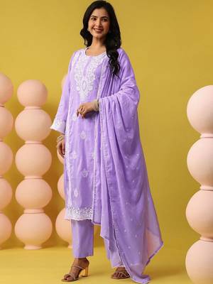 Women Ethnic Motifs Embroidered Regular Chikankari Pure Cotton Kurta with Palazzos & With Dupatta 5