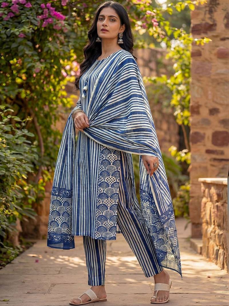 Women Printed Regular Pure Cotton Kurta with Trousers & With Dupatta