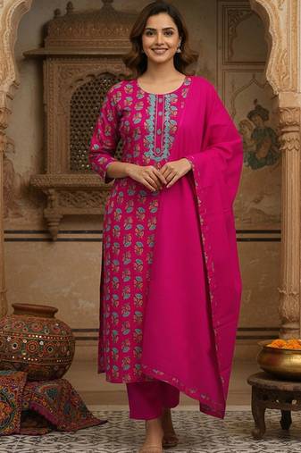 Women Ethnic Motifs Printed Regular Kurta with Trousers & With Dupatta