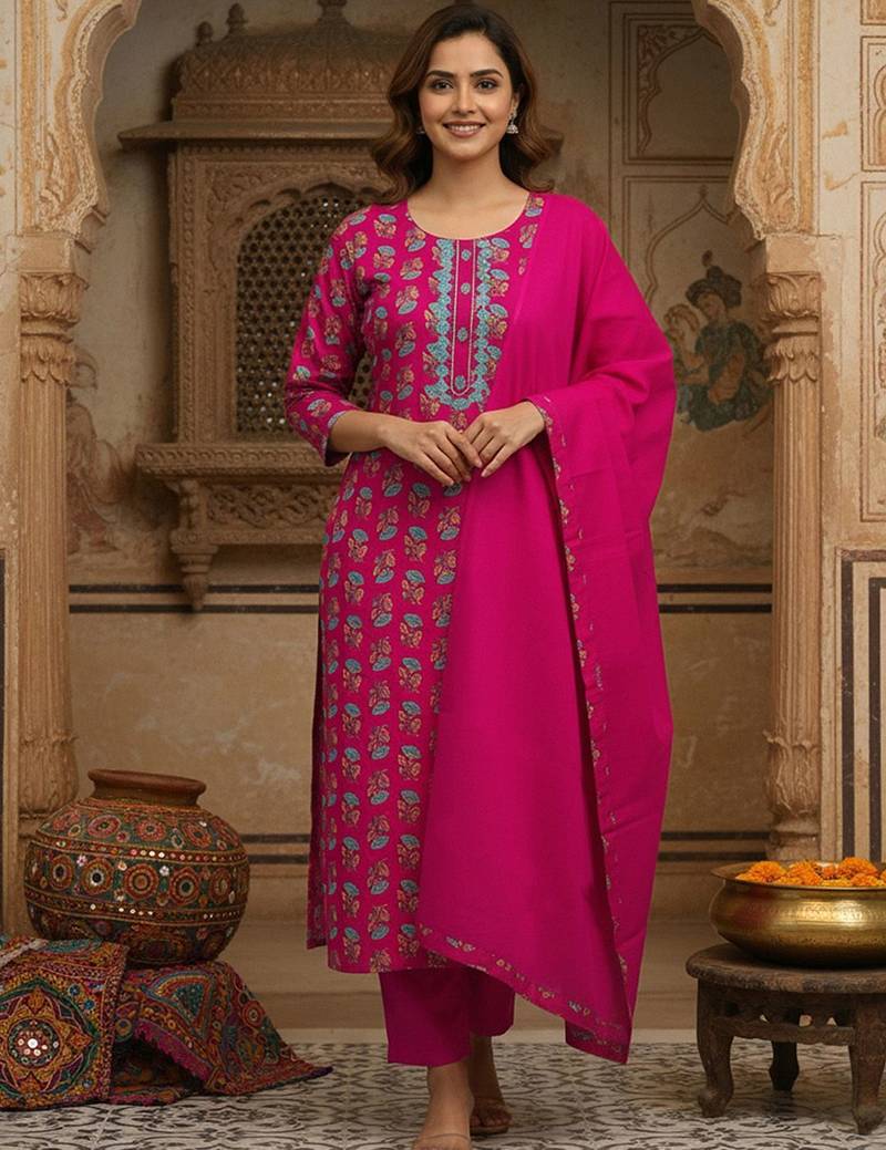 Women Ethnic Motifs Printed Regular Kurta with Trousers & With Dupatta