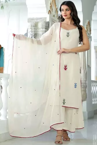 Women White Pure Cotton Embroidered Straight Kurta Sharara with Dupatta