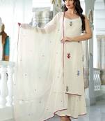 Women White Pure Cotton Embroidered Straight Kurta Sharara with Dupatta