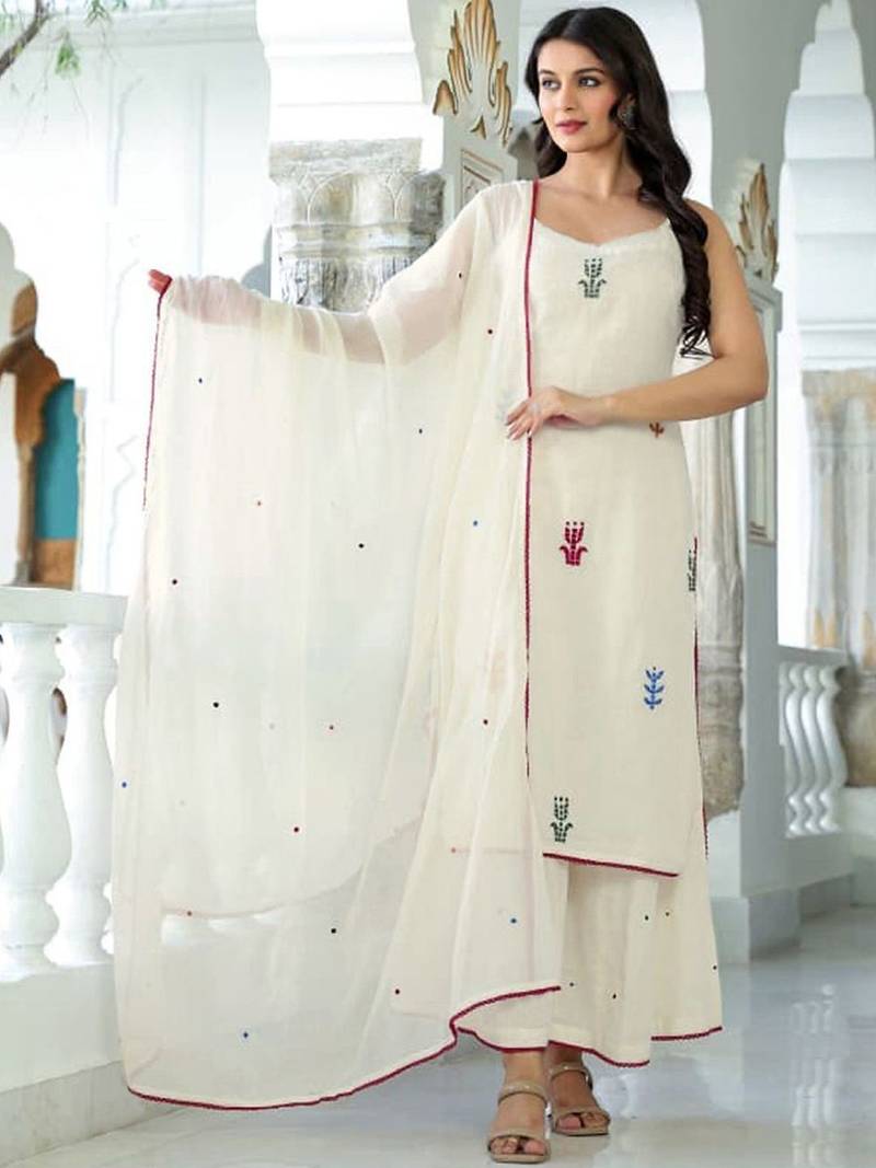 Women White Pure Cotton Embroidered Straight Kurta Sharara with Dupatta
