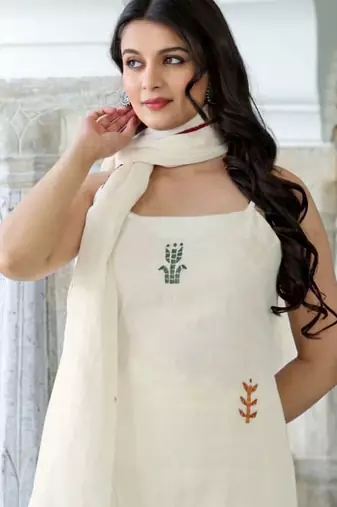 Women White Pure Cotton Embroidered Straight Kurta Sharara with Dupatta