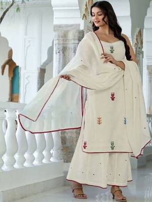 Women White Pure Cotton Embroidered Straight Kurta Sharara with Dupatta 4