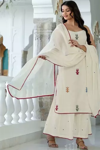 Women White Pure Cotton Embroidered Straight Kurta Sharara with Dupatta