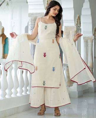 Women White Pure Cotton Embroidered Straight Kurta Sharara with Dupatta 6