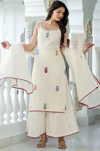 Women White Pure Cotton Embroidered Straight Kurta Sharara with Dupatta