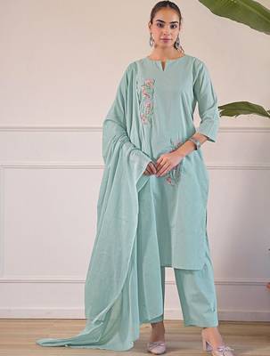 Women Floral Embroidered Regular Thread Work Pure Cotton Kurta with Trousers & With Dupatta 1