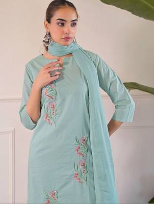 Women Floral Embroidered Regular Thread Work Pure Cotton Kurta with Trousers & With Dupatta 2