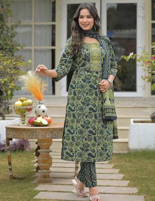 Women Floral Printed Regular Mirror Work Kurta with Trousers & With Dupatta 1